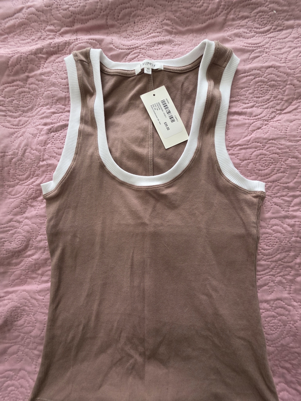 Z Supply Taupe Ribbed Tank with White Trim